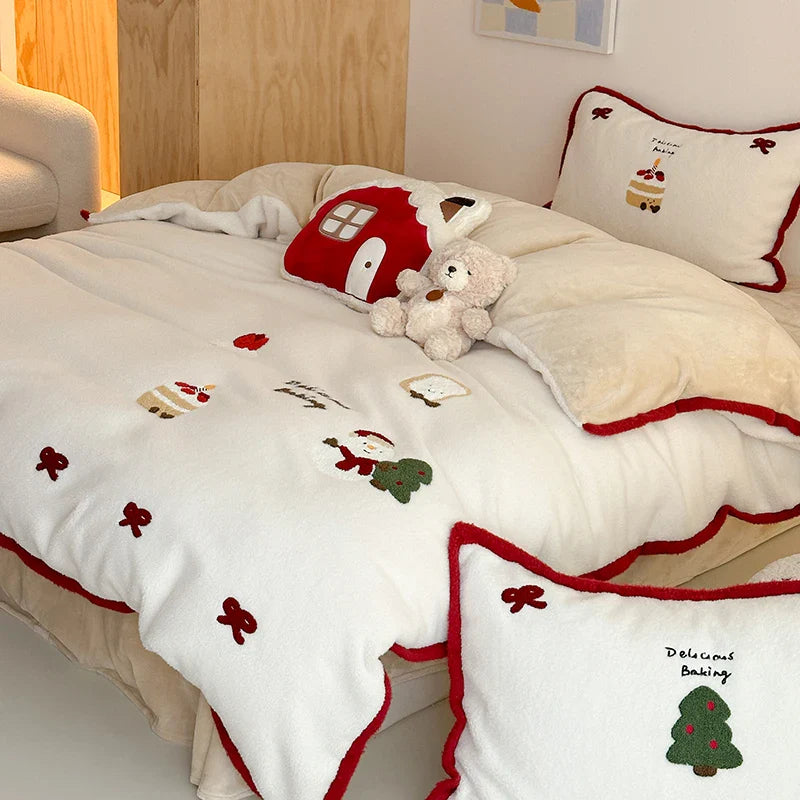 Afralia™ Cartoon Embroidered Cashmere Winter Bedding Set - Queen Size