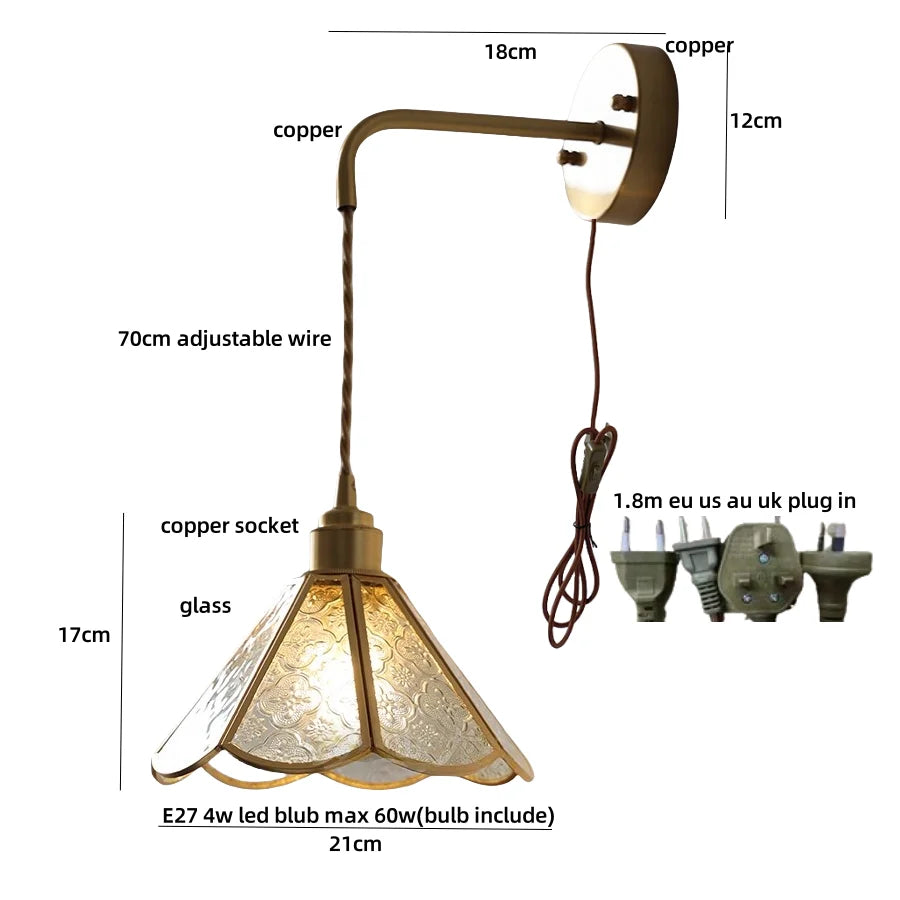 Afralia™ Vintage Clear Glass Wall Sconce LED Light Tiffany Style Adjustable Plug-In Wall Lamp