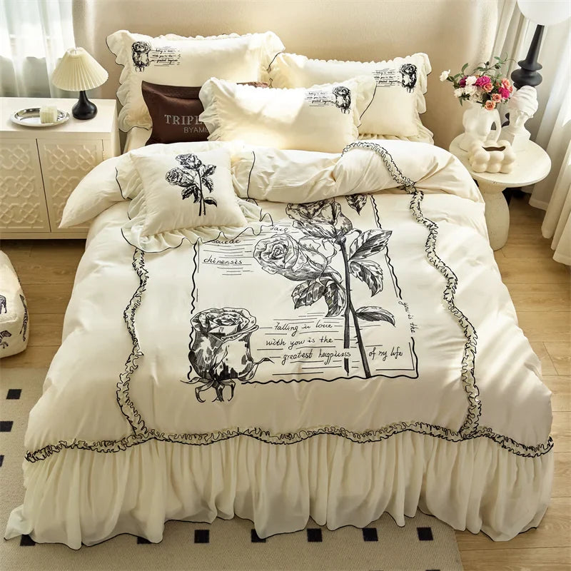 Afralia™ Vintage Rose Butterfly Lace Ruffles Princess Bedding Set: 100S Egyptian Cotton