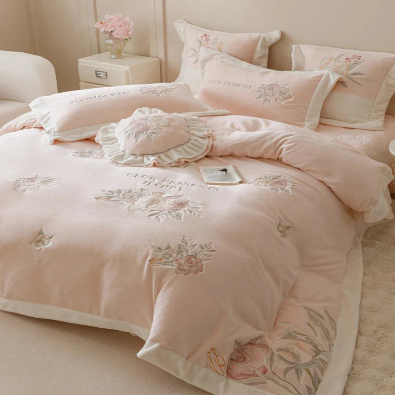 Afralia™ Pink Flowers Princess Bedding Set with Embroidery Ruffles in Milk Velvet