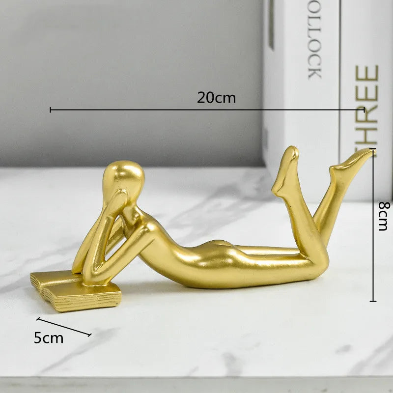 Afralia™ Golden Thinker Reader Man Resin Figure: Abstract Home Decor Figurine