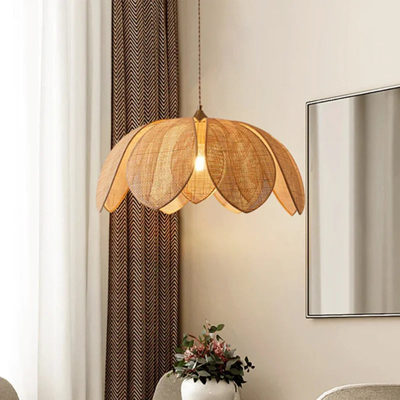 Afralia™ Handmade Rattan Petal Pendant Light with Chinese Style Design for Living & Dining Rooms