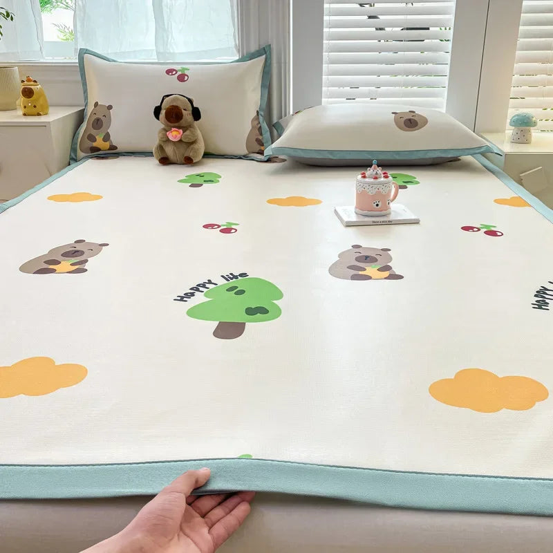 Afralia™ Summer Cartoon Printed Silky Bed Mat Set - Soft Skin-Friendly Cushion Mattresses