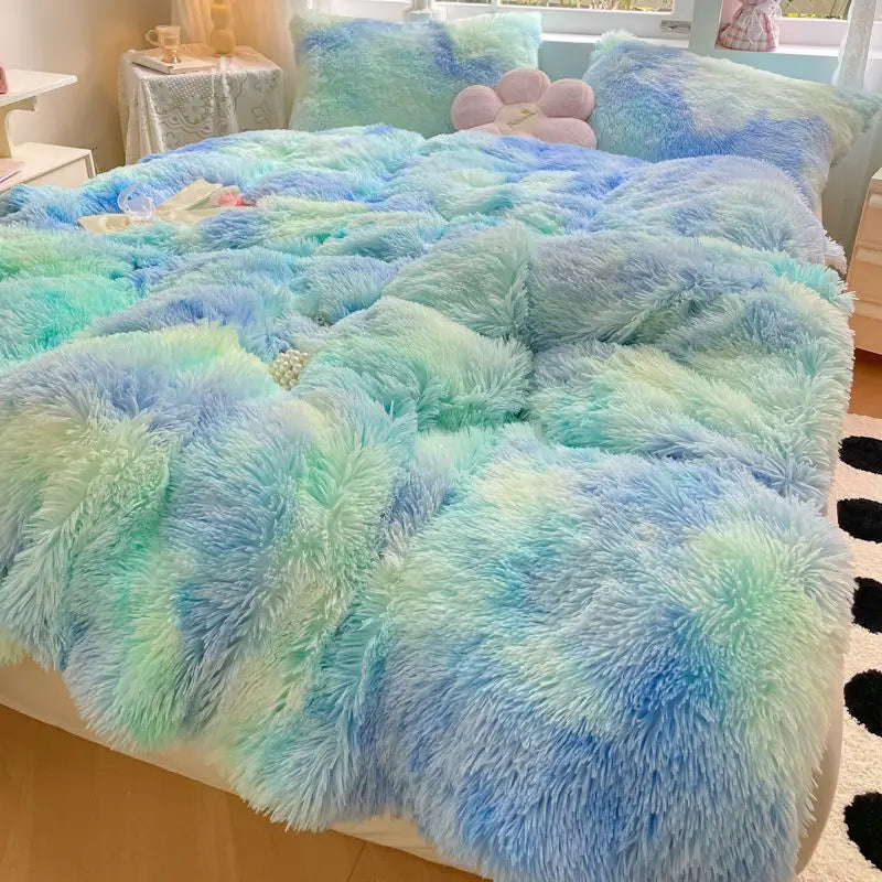 Afralia™ Shaggy Faux Rabbit Fur Bedding Set: Cozy Gradient Coral Fleece Quilt, Duvet Cover, Pillowcases