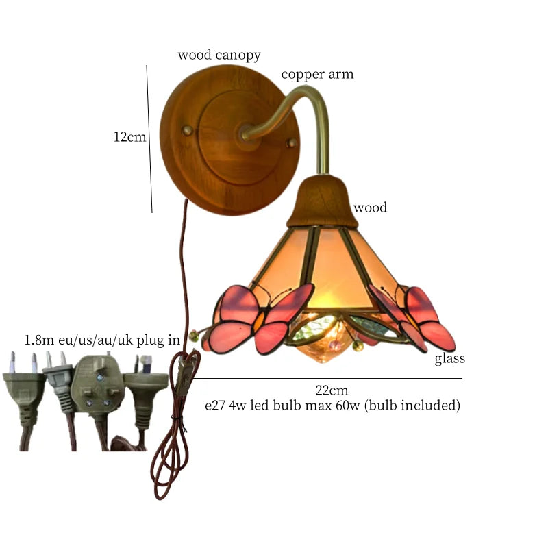 Afralia™ Butterfly Glass LED Wall Light with Copper Arm for Home Decor.
