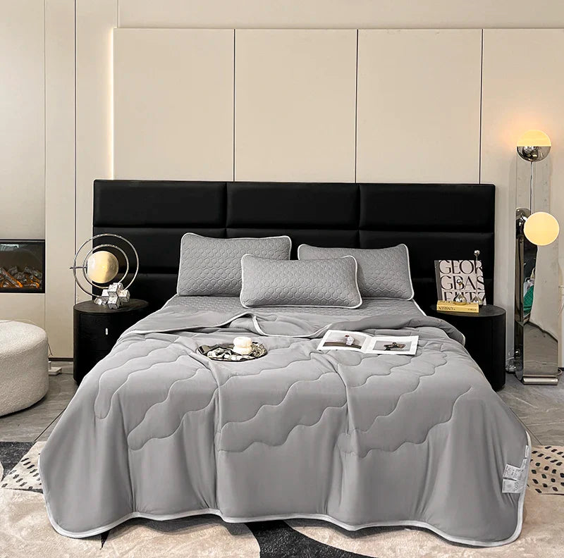 Afralia™ Silk Summer Blanket Set: Latex Fitted Sheet, Pillowcase, Queen Lightweight Comforter