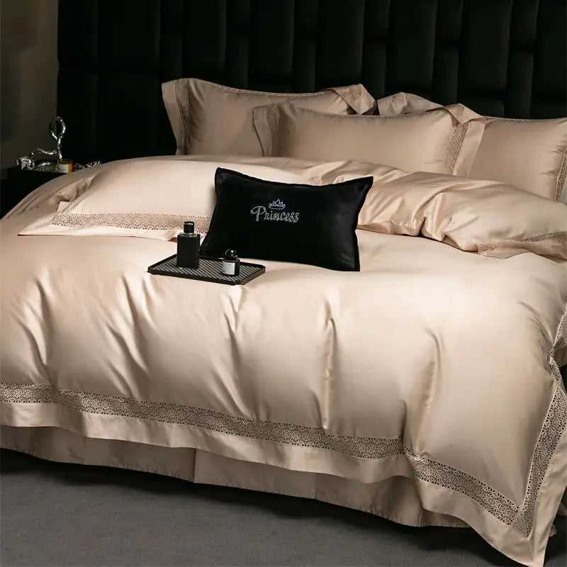 Afralia™ Luxury Lace Edge Bedding Set: Queen King Duvet Cover, Bed Sheet, Pillowcase
