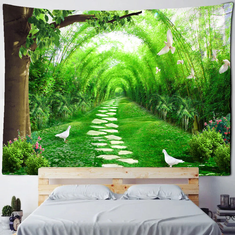 Afralia™ Bamboo Forest Pigeon Path Tapestry: Hippie Psychedelic Wall Hanging for Natural Home Decor