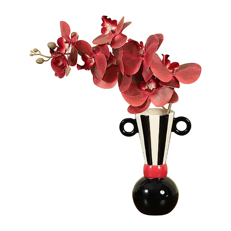 Afralia™ Geometric Stripes Ceramic Vase Black & White Home Decor