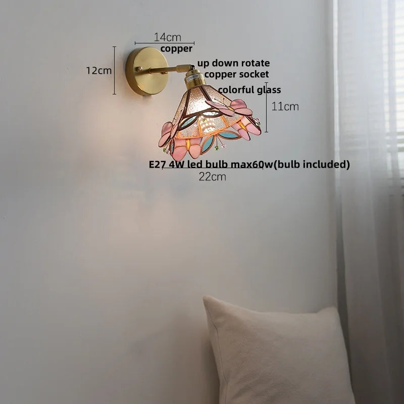 Afralia™ Colorful Square Glass LED Wall Lights with Pull Chain Switch, Tiffany Style