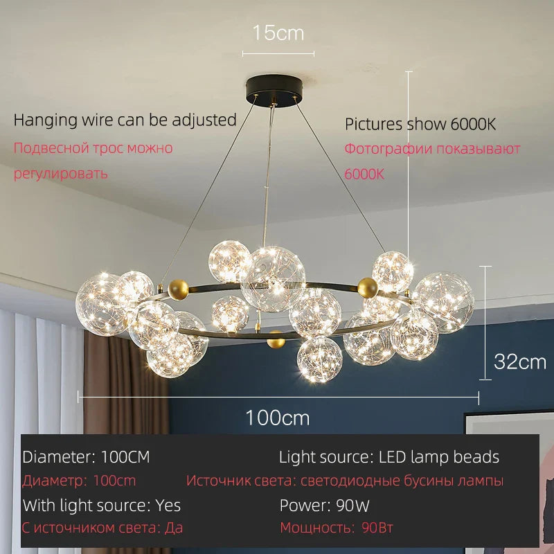 Afralia™ LED Glass Bulb Pendant Light: Modern Round Design, Gold/Black, Gypsophila String