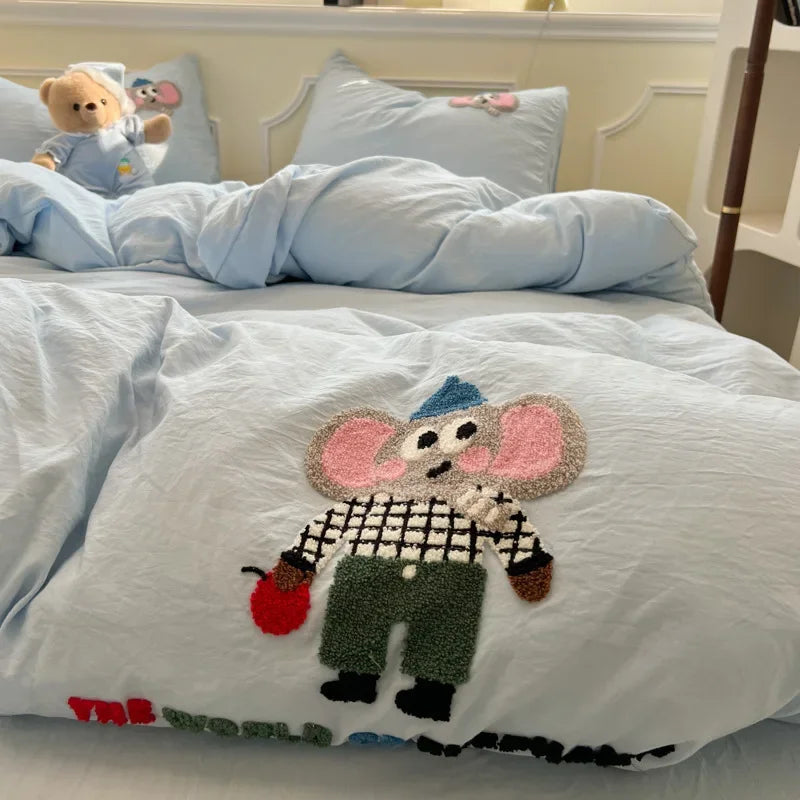 Afralia™ Cartoon Embroidery Jacquard Comforter Sets | Washed Cotton | Soft Skin-Friendly Bed Linen