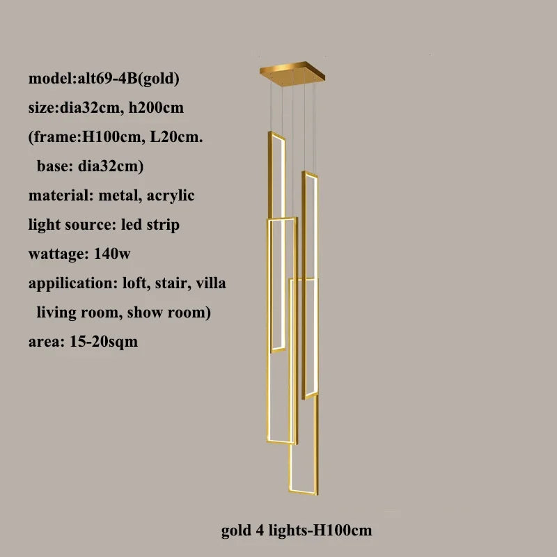 Afralia™ Modern Aluminum Frame Pendant Chandelier LED Staircase Lighting for Living Room Decor