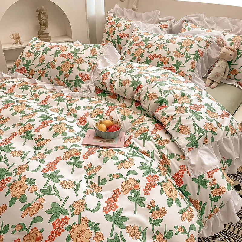 Afralia™ Princess Style Ruffles Duvet Cover Set with Flower Print and Pillow Case