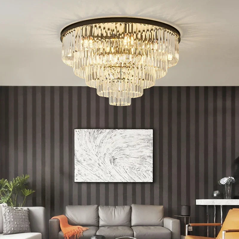Afralia™ Crystal Ceiling Chandelier: Modern Black Gold LED Pendant Lamp for Luxury Living Room