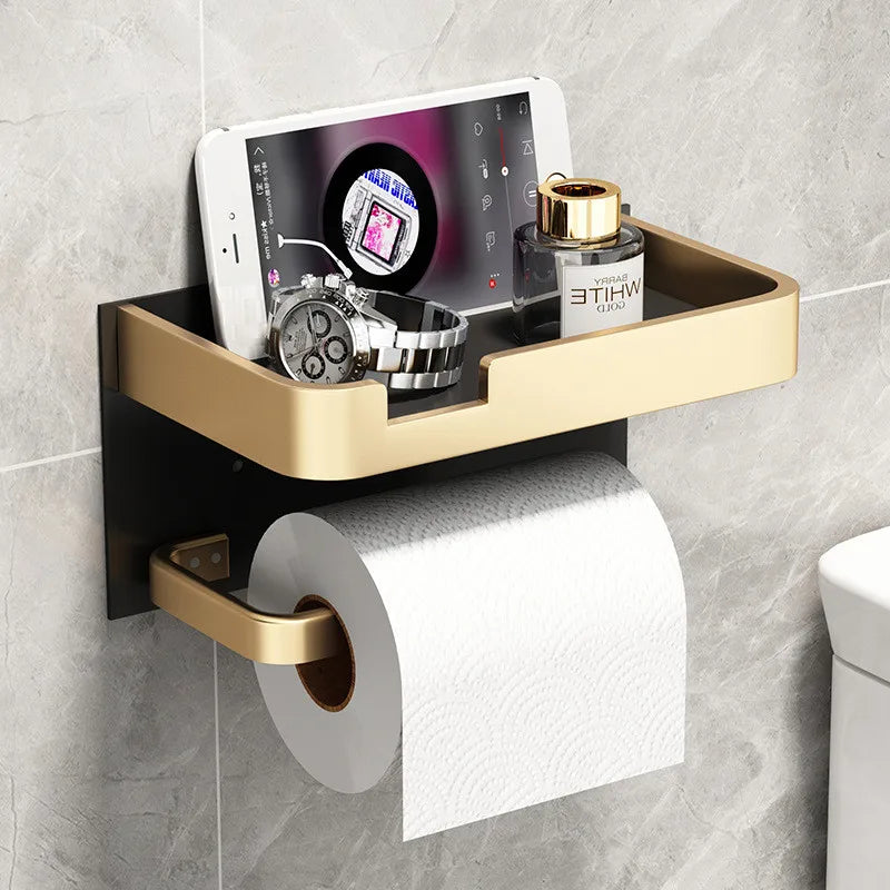 Afralia™ Toilet Paper Holder with Phone Holder Black/Gold Wall Mount Bathroom Rack