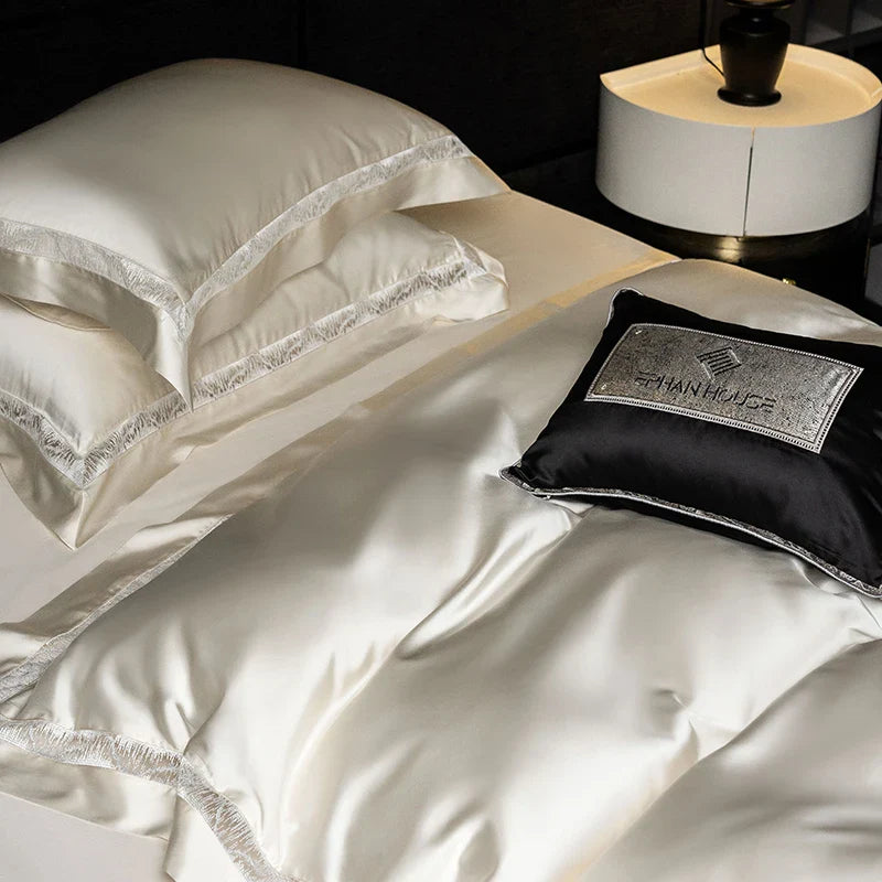 Afralia™ Luxe Brocade & Egyptian Cotton Bedding Set with Hollow Lace Edge