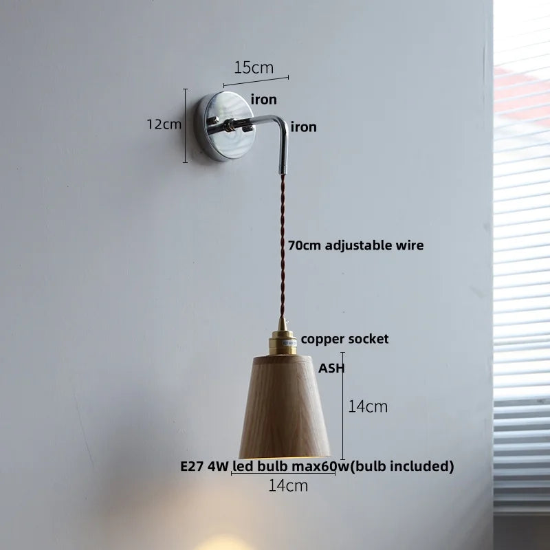 Afralia™ Ash Wood LED Wall Light with Pull Chain Switch, Japanese Style Bedside Lamp