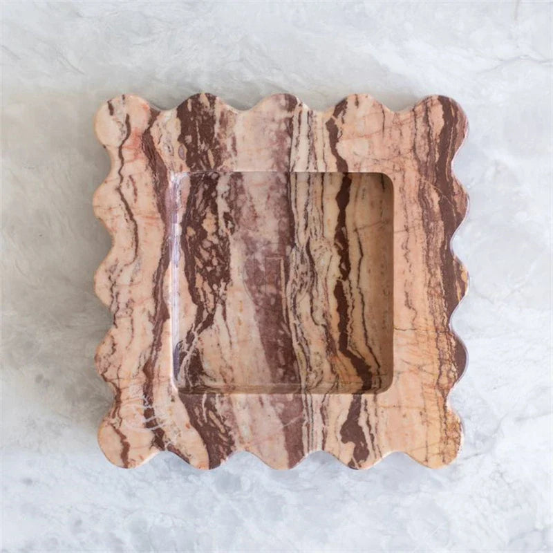 Afralia™ Marble Travertine Serving Tray Scalloped Edge Square Display Tray
