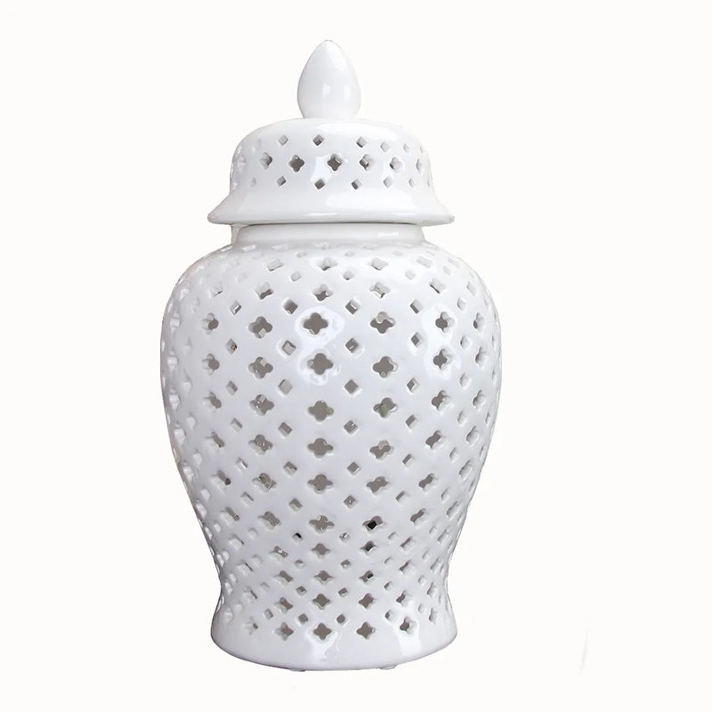 Afralia™ White Hollow General Jar - Ceramic Ornamental Storage Vase with Lid