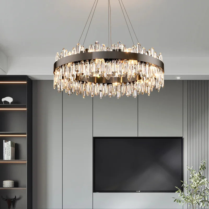 Afralia™ Modern Gold/Black Crystal Chandelier, Adjustable Dining Room Ceiling Fixture
