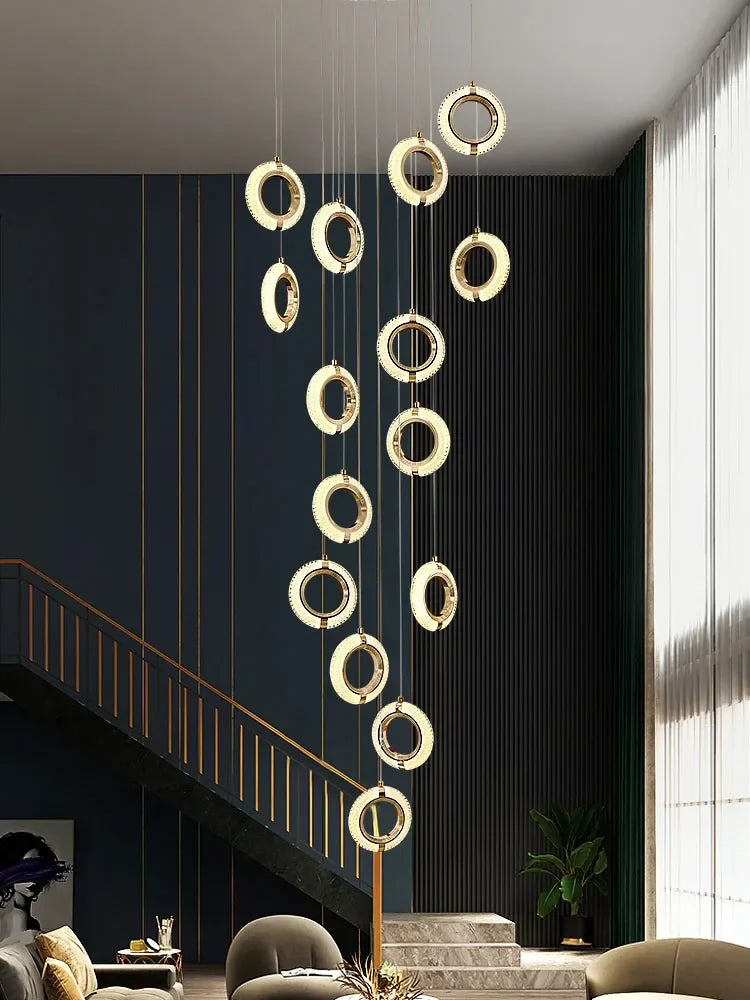 Afralia™ Luxury Crystal LED Chandelier Staircase Ceiling Lamp - Gold Modern Round Hanging Light