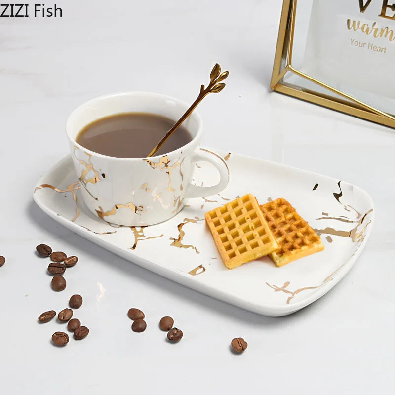 Afralia™ Gilded Marble Texture Ceramic Cup & Saucer Set for Dining Table Tea & Coffee