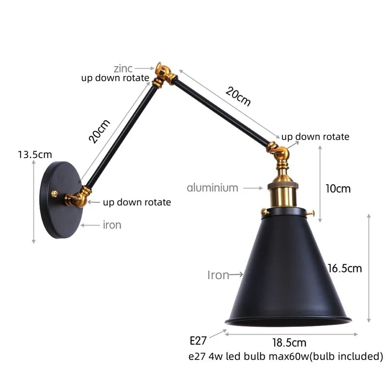Afralia™ Vintage Iron Gold LED Wall Lamp with Long Arm and Pull Chain Switch
