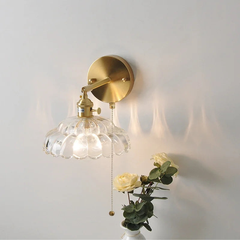 Afralia™ Nordic LED Wall Lights Pull Chain Clear Glass Rotate Copper Bedside Lamp