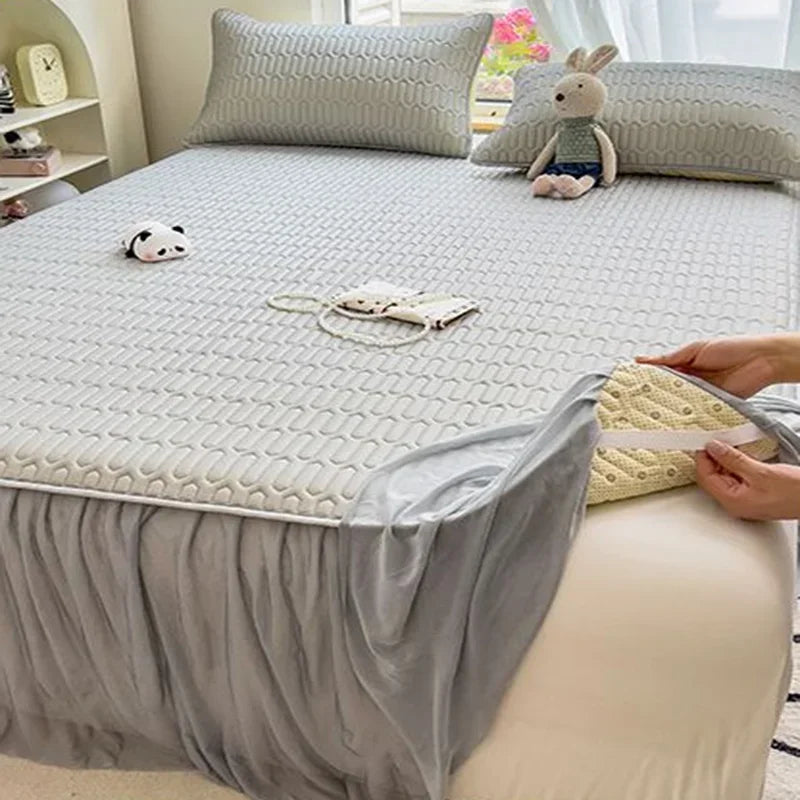 Afralia™ Cool Fabric Latex Bed Skirt Set: Solid Color Summer Mat with Elastic Band