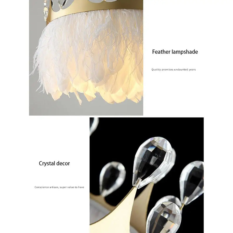 Afralia™ White Feather Pendant Light with Gold Crown & Crystal Decor for Bedroom, E27 Socket