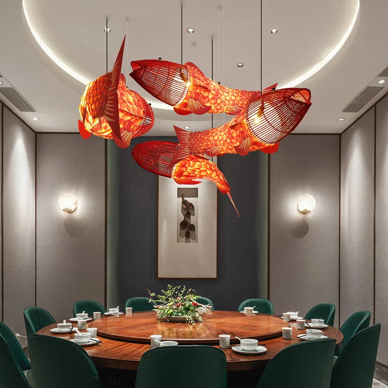 Afralia™ Wooden Big Fish Pendant Lights: Chinese Style Bamboo Chandeliers for Living Room Decor.