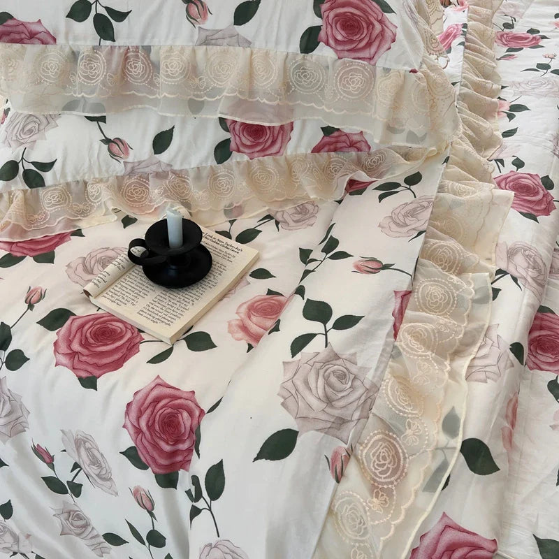 Afralia™ Vintage French Rose Flowers Double Layer Lace Ruffles Bedding Set