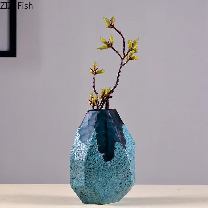Afralia™ Modern Blue Glass Vase Geometric Texture Desk Decor Flowers Arrangement