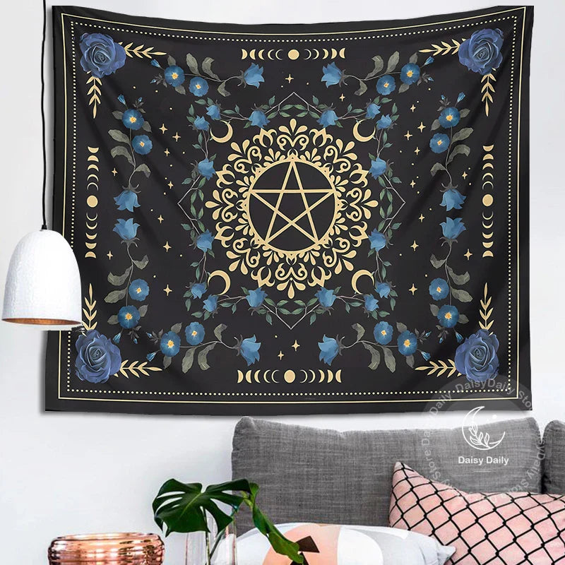 Afralia™ Blue Rose Moon Floral Tapestry Wall Hanging Botanical Tarot Mat