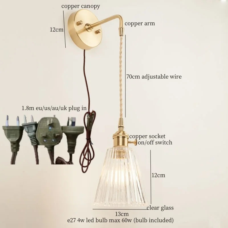 Afralia™ Striped Glass LED Wall Sconce Copper Arm Vintage Lampara Pared