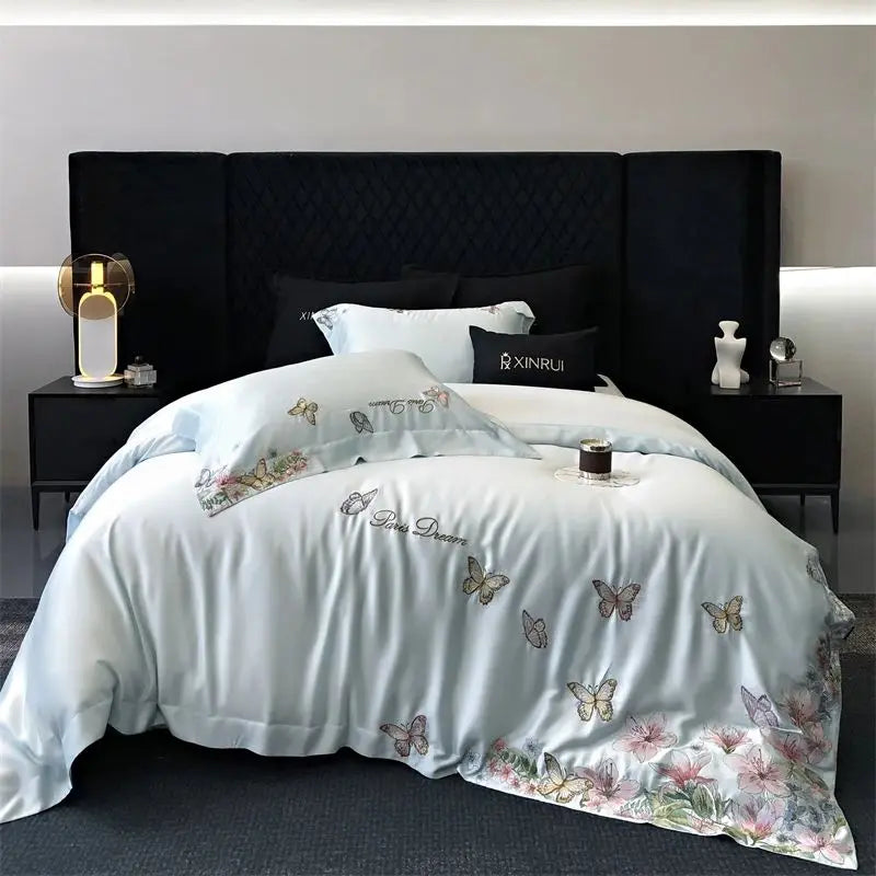 Afralia™ Butterfly Flowers Embroidery Bedding Set: Silky Soft Eucalyptus Fiber Duvet Cover