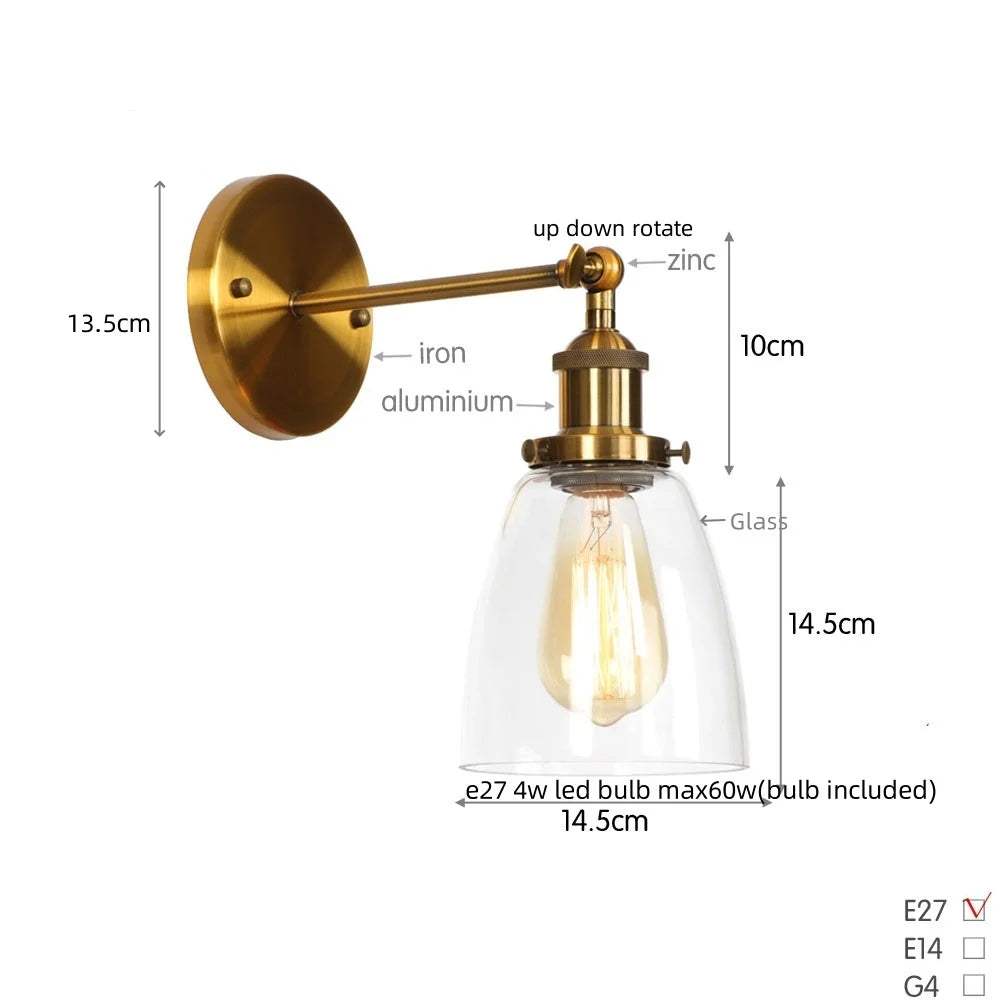 Afralia™ Vintage Single Arm LED Wall Lamp Iron Glass Retro Stair Light