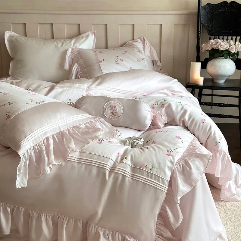 Afralia™ Vintage Rose Print Lace Ruffles 4-Piece Bedding Set