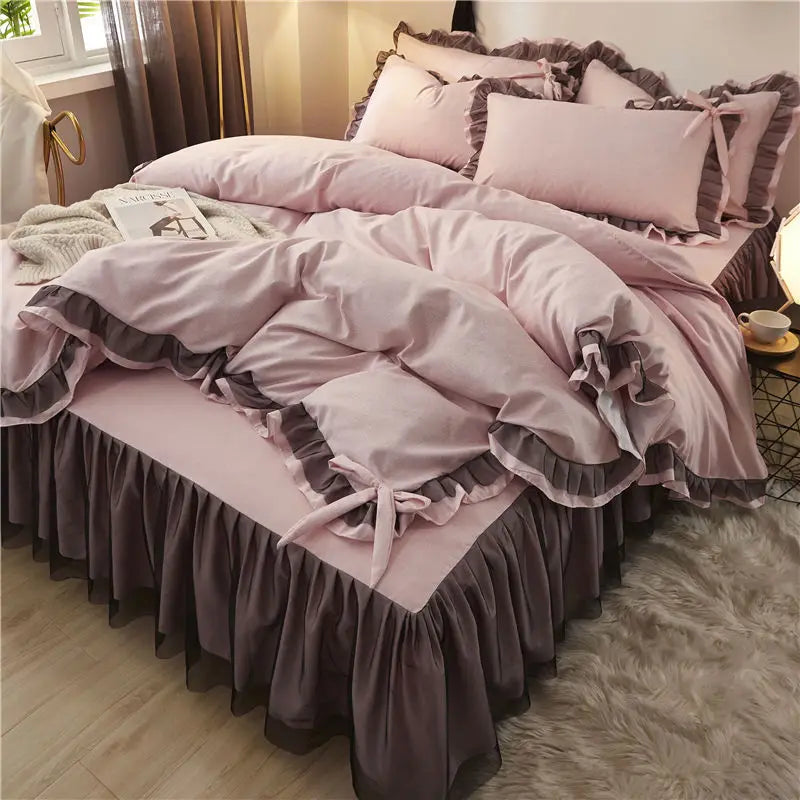 Afralia™ Korean Bed Skirt Set with Ruffled Edges - Solid, Skin-Friendly Bedding Kit