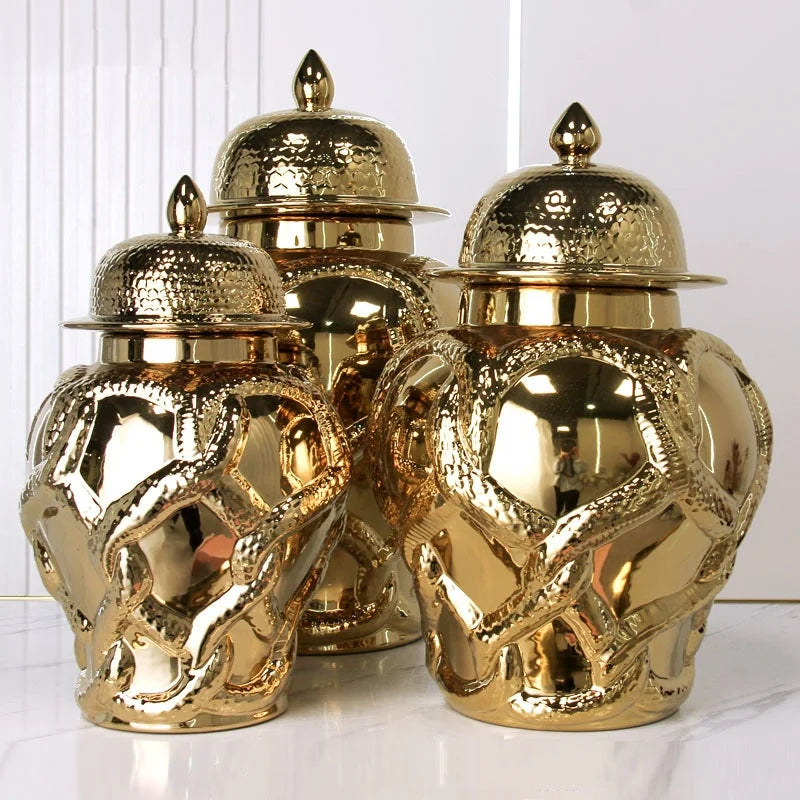 Afralia™ Checkmate Ceramic Jar with Gold Cross Cord, Porcelain Flower Vase and Storage Tank