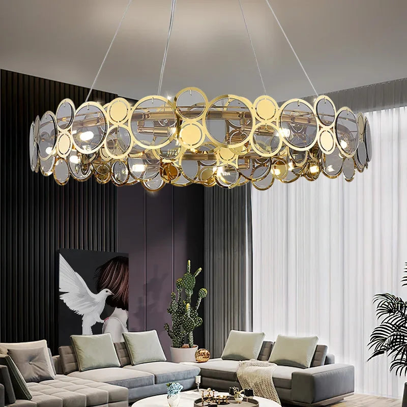 Afralia™ Stainless Steel Glass Ceiling Chandeliers LED Round Pendant Lamps for Dining Living Room