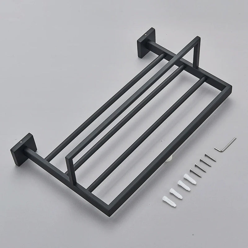 Afralia™ Black Bathroom Accessories Set: Robe Hook, Towel Rail, Shelf, Tissue Holder