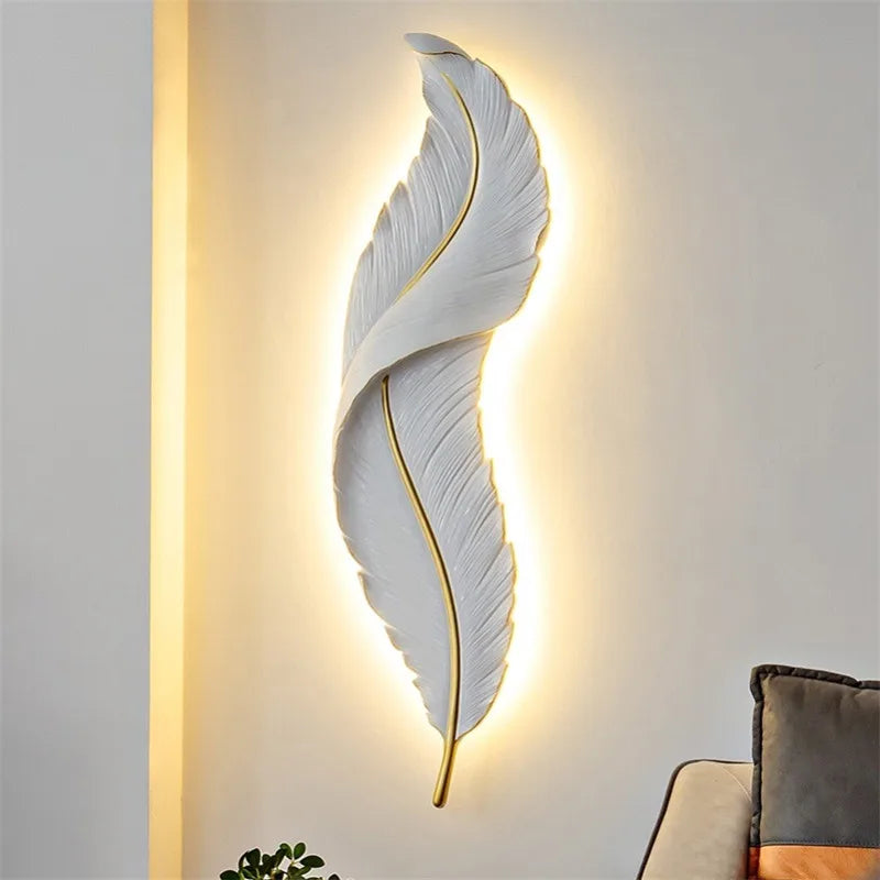 Afralia™ White Feather LED Wall Light Modern Night Lamp Decoration Bedroom Sconce