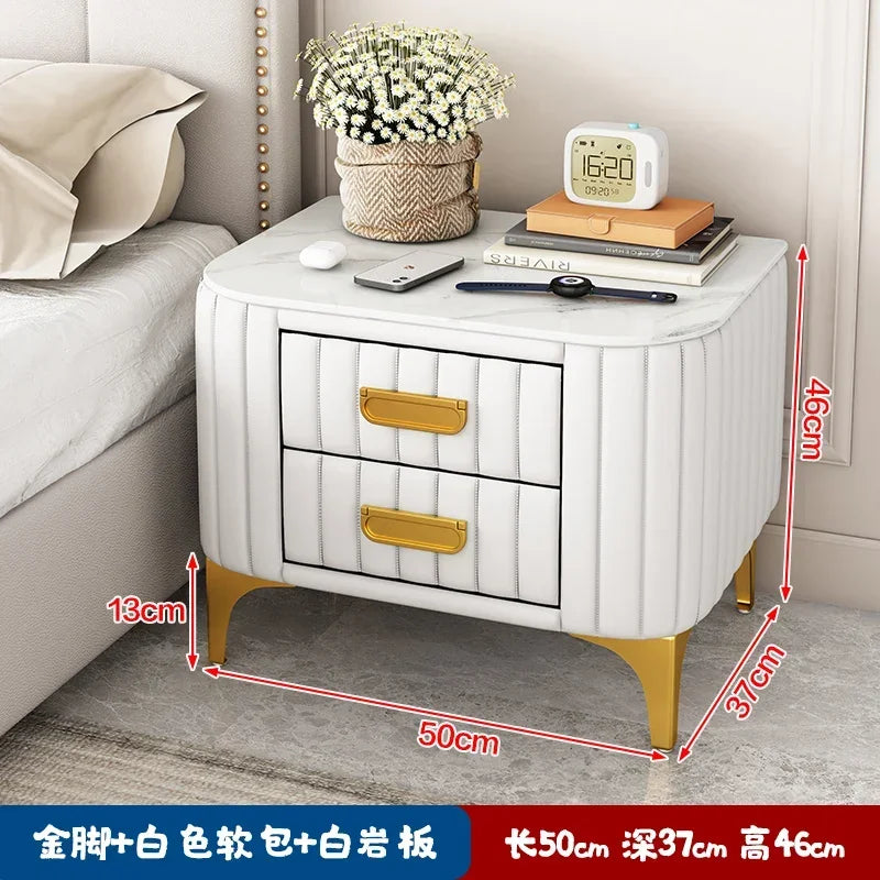 Afralia™ Rock Bed Edge Cabinet with Drawers, Modern Luxury Leather Master Bedroom Bedside Table