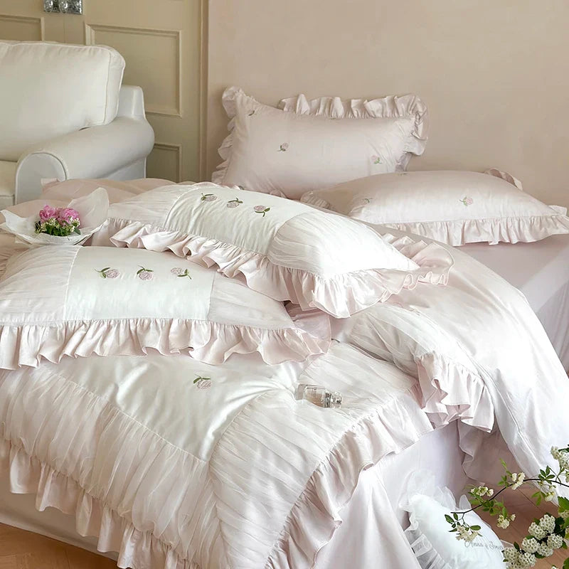 Afralia™ Rose Embroidery Lace Ruffles Bedding Set 1000TC Egyptian Cotton Duvet Cover Flat Sheet