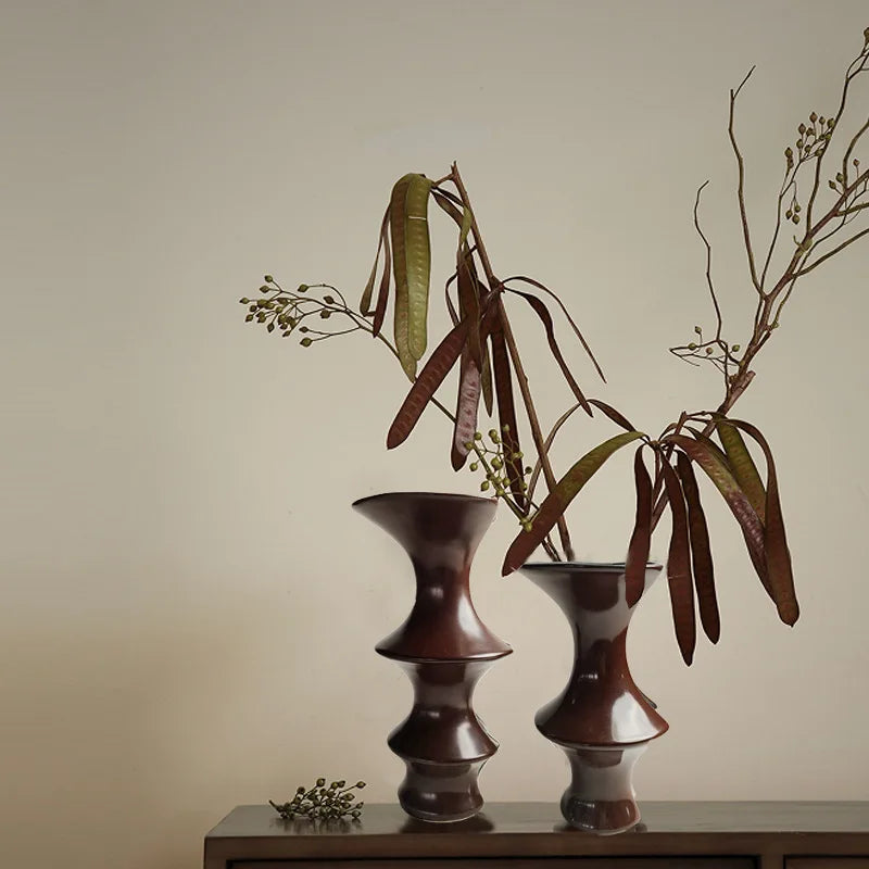 Afralia™ Red Bamboo Knot Ceramic Vase: Handcrafted Geometric Home Decor & Floral Arrangement