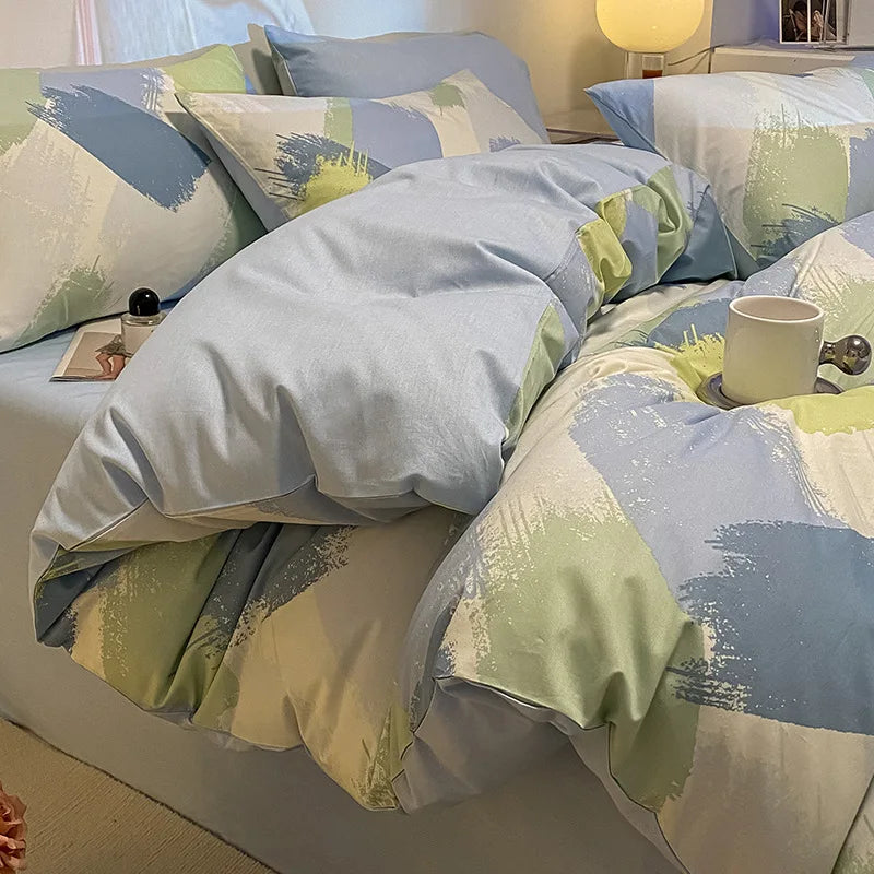 Afralia™ Pure Cotton Striped Bedding Set Duvet Cover Fitted Sheet Kit for Single/Double