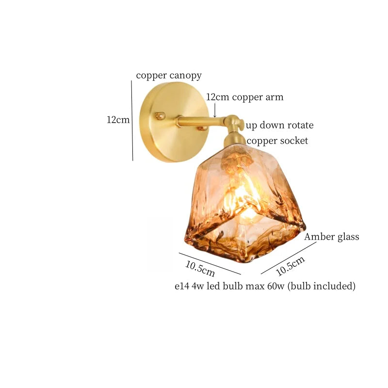 Afralia™ Amber Glass LED Wall Lamp for Bedroom Minimalistic Copper Lighting