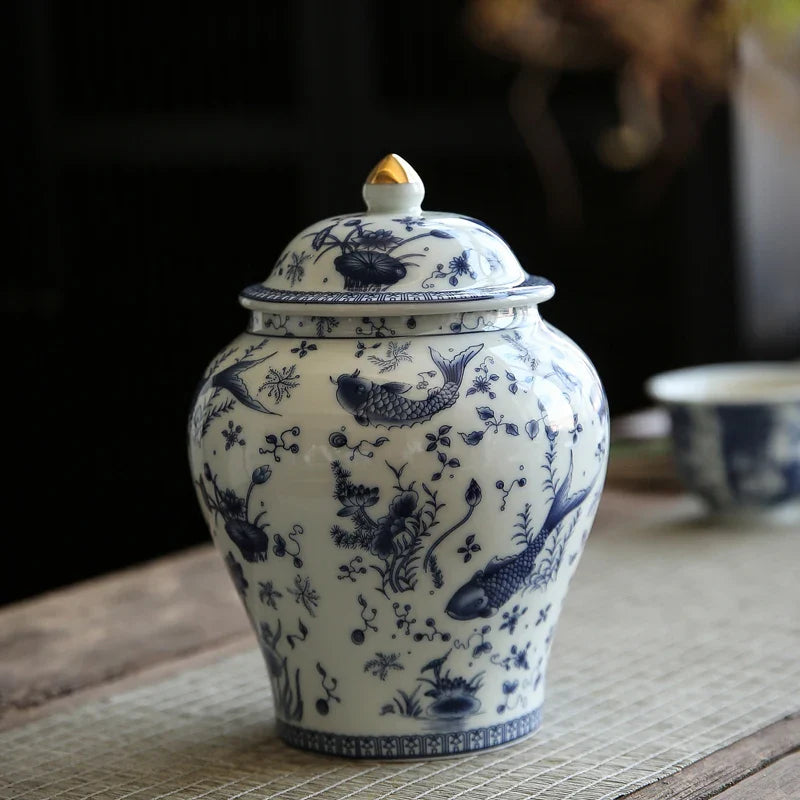 Afralia™ Blue & White Porcelain General Jar: Vintage Ceramic Storage Tank for Home Decor